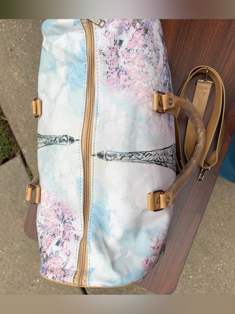 Paris Eiffel Tower Floral Weekender Duffel Bag Shoulder Strap New - Picture 6 of 11